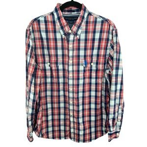 US Polo Assn Button Down Shirt Mens Sz L Plaid Slim Fit Red White Blue Cotton‎
